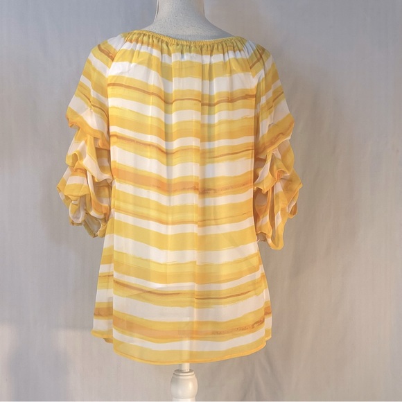 Coco Bianco Top Yellow Strip Round Neck Gathered 3/4 Sleeves Relaxed Fit M - Picture 5 of 8